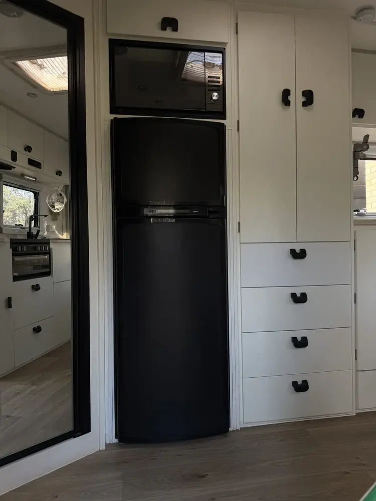 Detailed caravan fridge and microwave nook, Perth